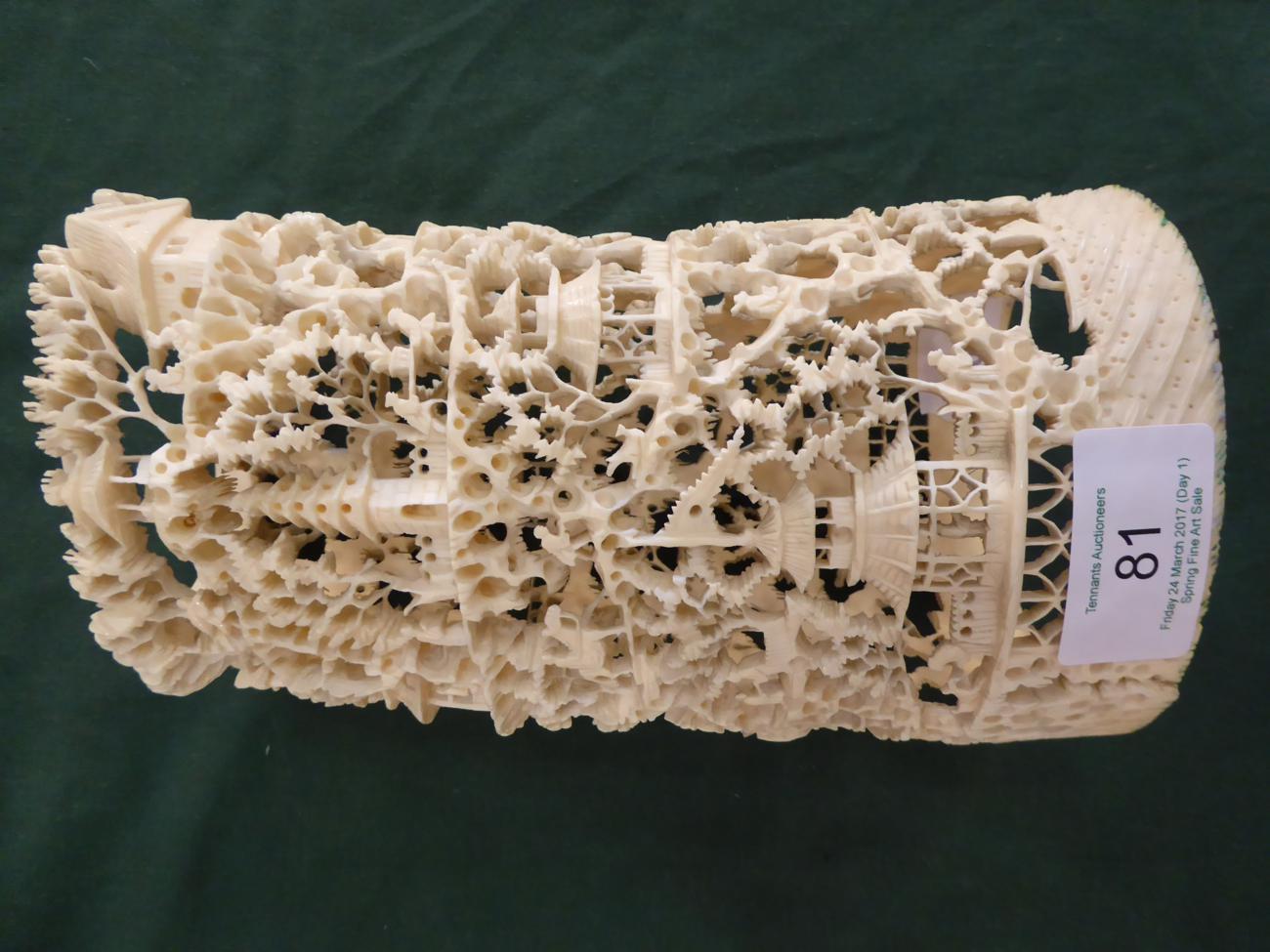 A Cantonese Ivory Tusk Vase, 19th century, intricately carved and pierced with figures amongst - Image 2 of 5