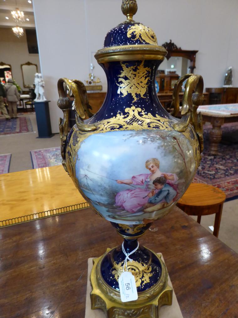 A Pair of Gilt Metal Mounted Sèvres Style Vases and Covers, 19th century, of baluster form with pine - Image 3 of 13