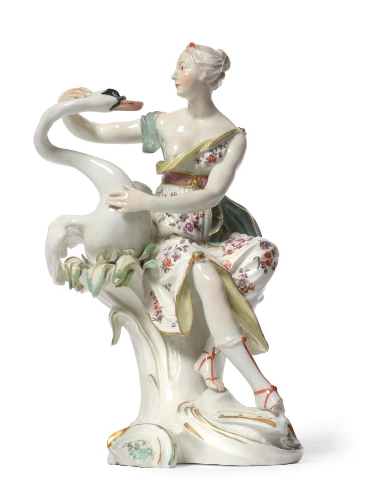 A Derby Porcelain Figure of Leda and the Swan, circa 1770, the classical maiden sitting on a tree