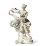 A Derby Porcelain Figure of Leda and the Swan, circa 1770, the classical maiden sitting on a tree