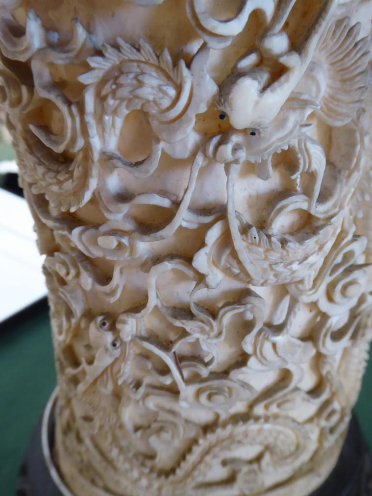 A Pair of Chinese Ivory Tusk Vases, mid 19th century, carved with dragons above a pagoda, on - Image 9 of 14