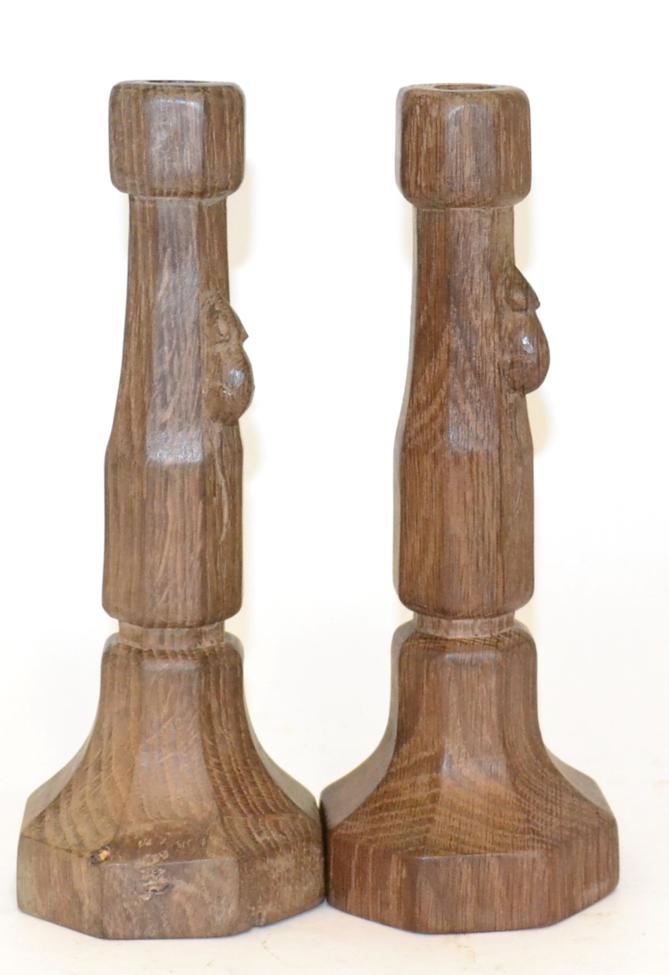 A Pair of Robert ''Mouseman'' Thompson Oak Candlesticks, circa 1948, octagonal column and base, each