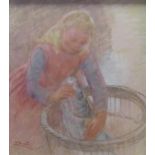 William Shackleton NEAC (1872-1933) A young girl removing a fish from a wicker basket Signed,