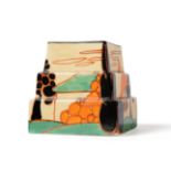 A Clarice Cliff Fantasque Bizarre Orange Trees and House Pattern 391 Square Stepped Candlestick,