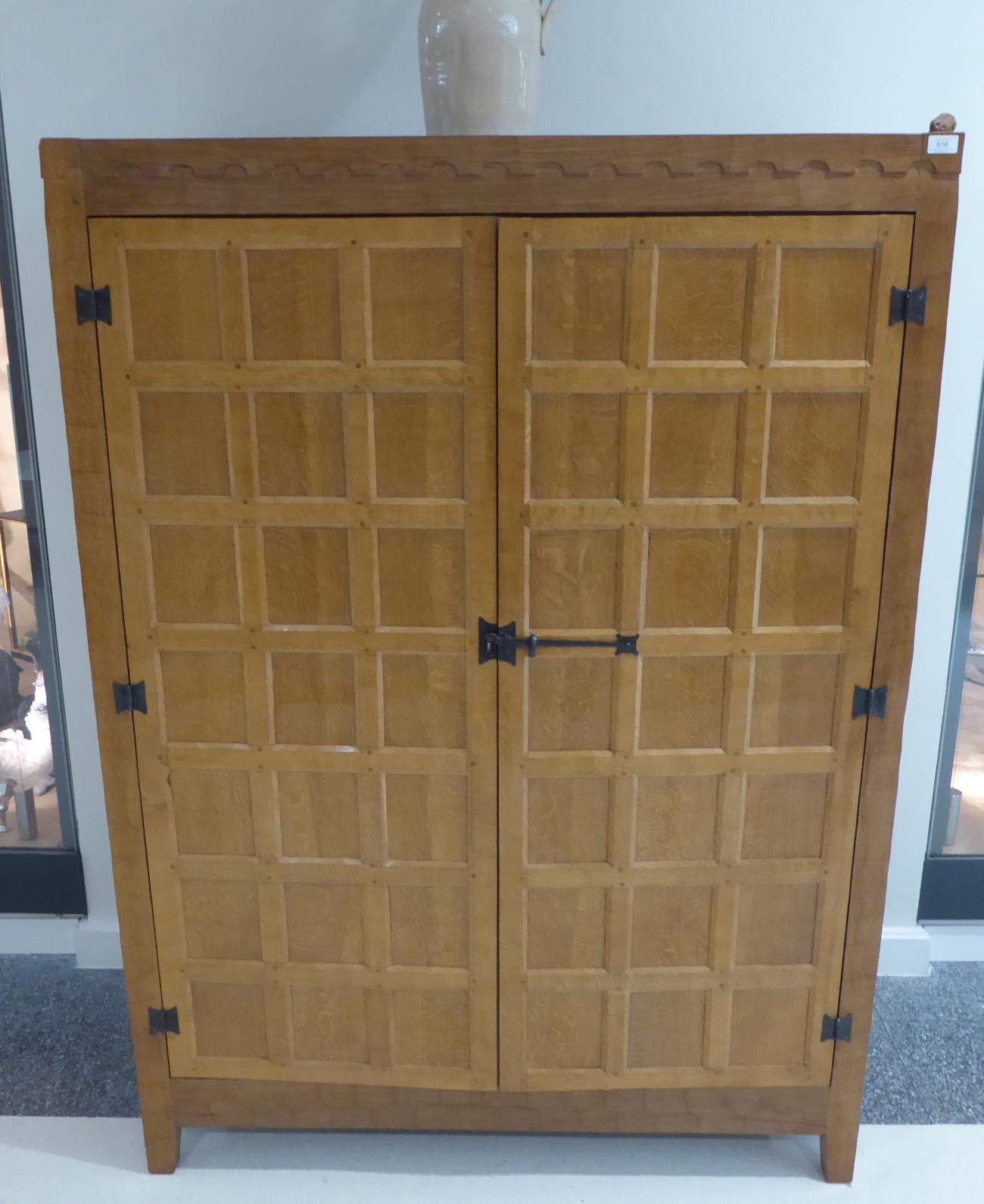 A Peter ''Rabbitman'' Heap Panelled Oak Wardrobe, with two doors, opening to reveal a rail and - Image 2 of 5