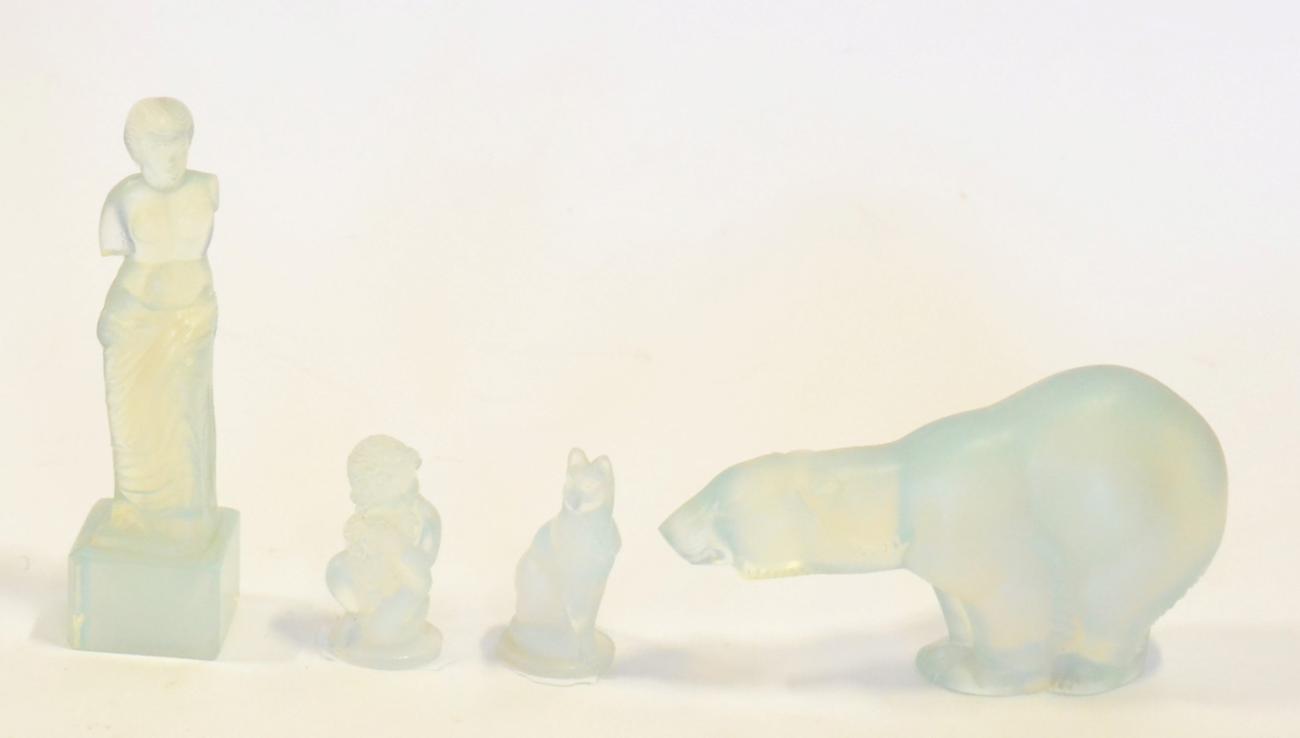 A Sabino Opalescent Glass Polar Bear, etched Sabino Paris, 13cm long; A Sabino Opalescent Venus De