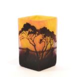 A Daum Nancy Cameo Glass Vase, of square form, mottled yellow/orange overlaid with sailing boats and