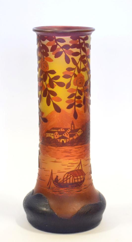 A De Vez Cameo Glass Vase, in amber shading overlaid with crimson, cut with an Oriental fishing boat