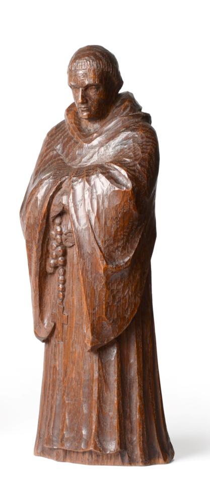 A 1930's Robert ''Mouseman'' Thompson Carved Oak Statue of a Monk, unmarked, 34cm See illustration