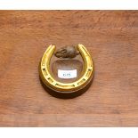 A ''Rabbitman'' Oak Horseshoe Pin Tray, mounted with a gilt horseshoe, with carved rabbit signature,