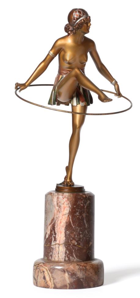Franz Mazura (Austrian): ''Hoop Girl'' A Cold-Painted and Gilt Patinated Bronze Figure, circa