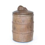 A Robert ''Mouseman'' Thompson Oak Jar and Cover, circa 1948, of cylindrical barrel form, the