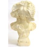 A Palechi: An Alabaster Bust of an Art Nouveau Maiden, wearing a ribbon tied bonnet and lacy dress