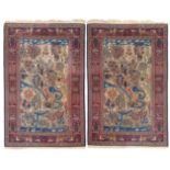 Pair of Nantaz Kashan Pictorial Rugs Each depicting a verdant rural scene of trees, flowers, animals