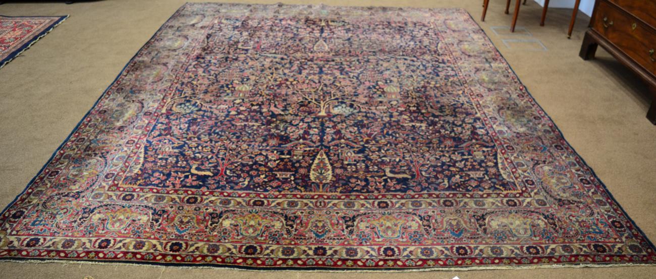 Tabriz Carpet of unusual size Iranian Azerbaijan The deep indigo field with trees, plants, birds and