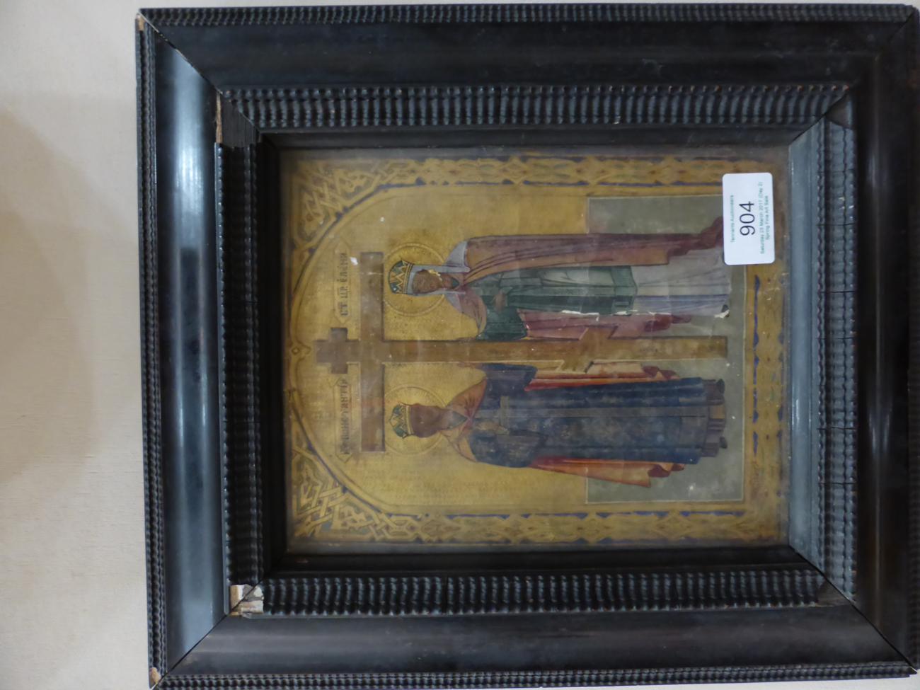 A Russian Icon, 19th century, painted with the Cross flanked by two saints on a gold ground with - Image 3 of 4