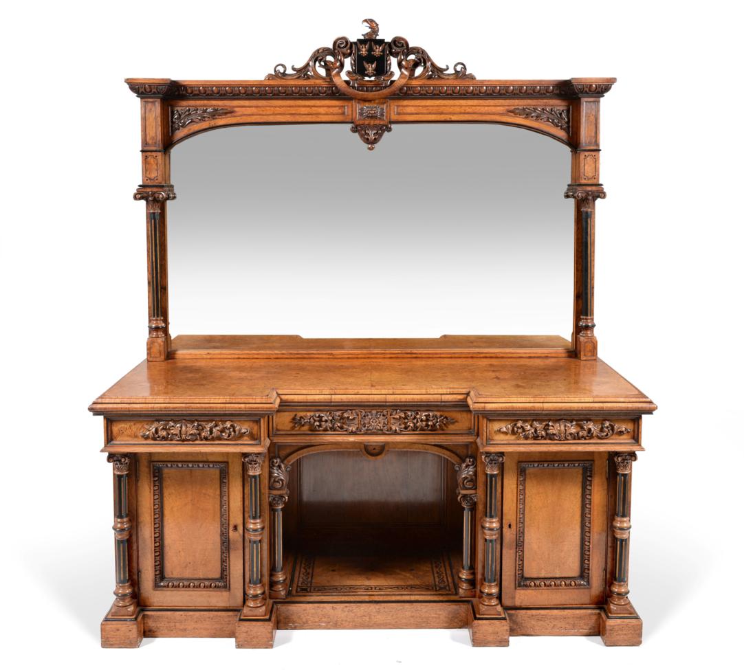 An Impressive Victorian Pollard Oak and Ebonised Inverted Breakfront Sideboard, circa 1870, the