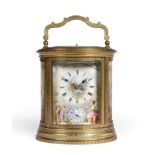 An Oval Brass Engraved Porcelain Mounted Striking and Repeating Alarm Carriage Clock, signed W.