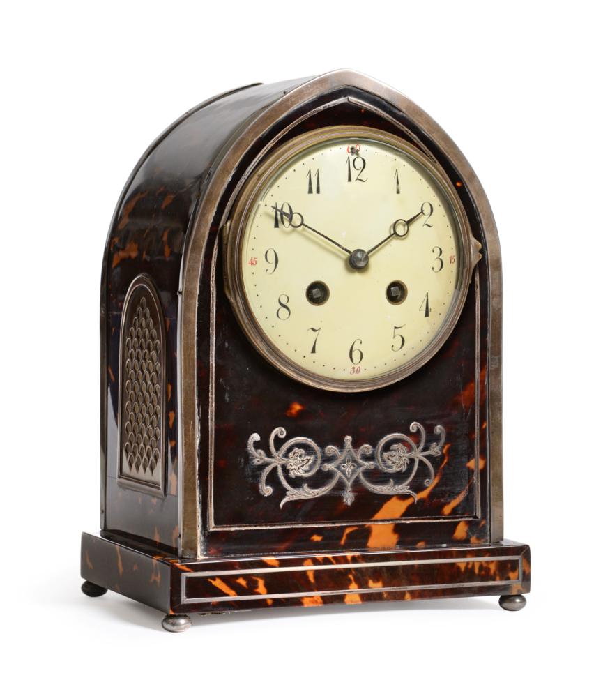 An Edwardian Tortoiseshell and Silver Mounted Striking Mantel Clock, 1905, the lancet case with