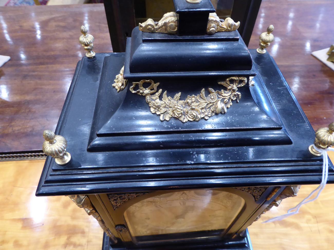 An Ebonised Chiming Table Clock, circa 1890, inverted bell top with urn finials, side carrying - Image 5 of 8