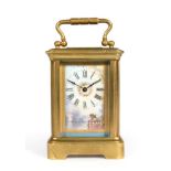 A Miniature Brass Porcelain Mounted Carriage Timepiece, circa 1900, carrying handle, blue