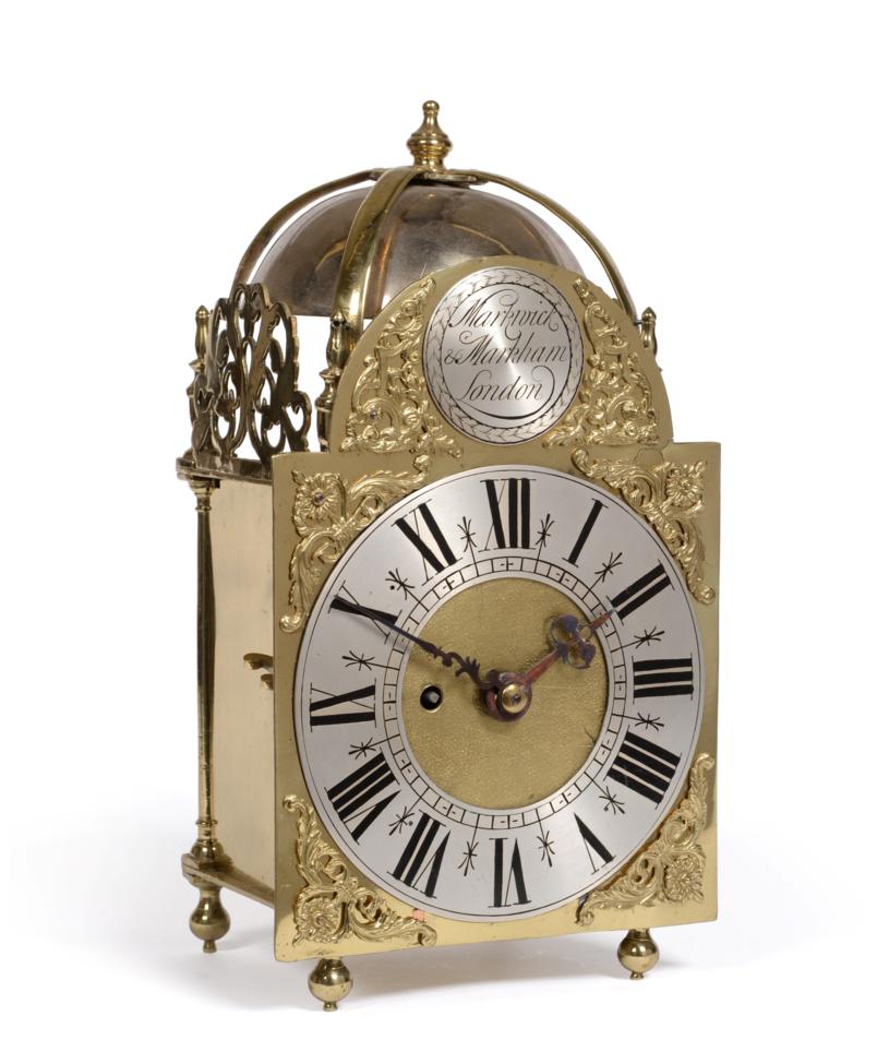 A Brass Lantern Wall Clock with Passing Strike, four posted case with pierced frets, single fusee