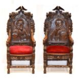 A Pair of Carved Oak Throne Chairs, each richly carved with back supports carved in relief depicting