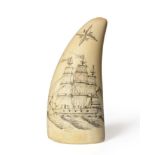 A Documentary Scrimshaw Decorated Whale's Tooth, dated 1836, incised with a three-masted vessel