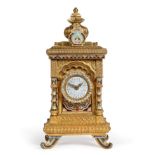 A Gilt Metal Champleve Enamel Paste Set Mantel Timepiece, circa 1900, case in a form of a shrine