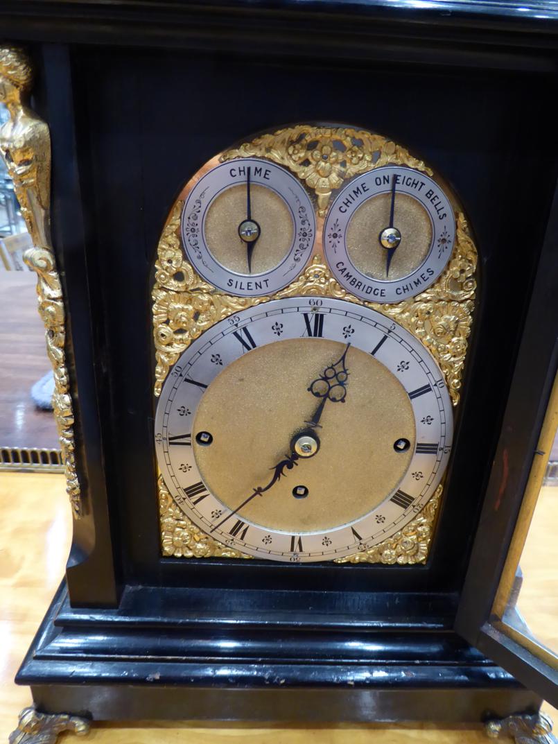 An Ebonised Chiming Table Clock, circa 1890, inverted bell top with urn finials, side carrying - Image 8 of 8