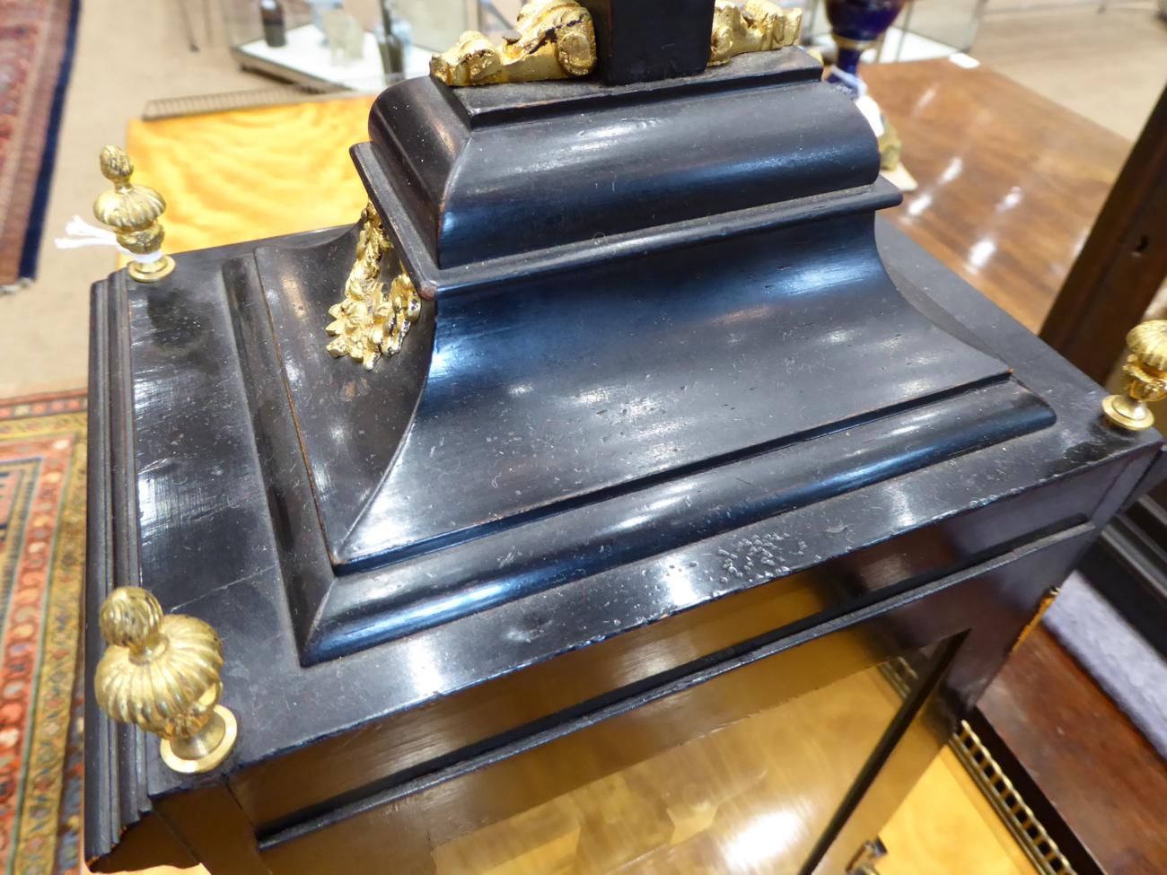 An Ebonised Chiming Table Clock, circa 1890, inverted bell top with urn finials, side carrying - Image 6 of 8