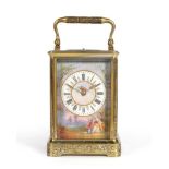 A Gilt Brass Engraved Porcelain Mounted Striking and Repeating Carriage Clock, circa 1890,