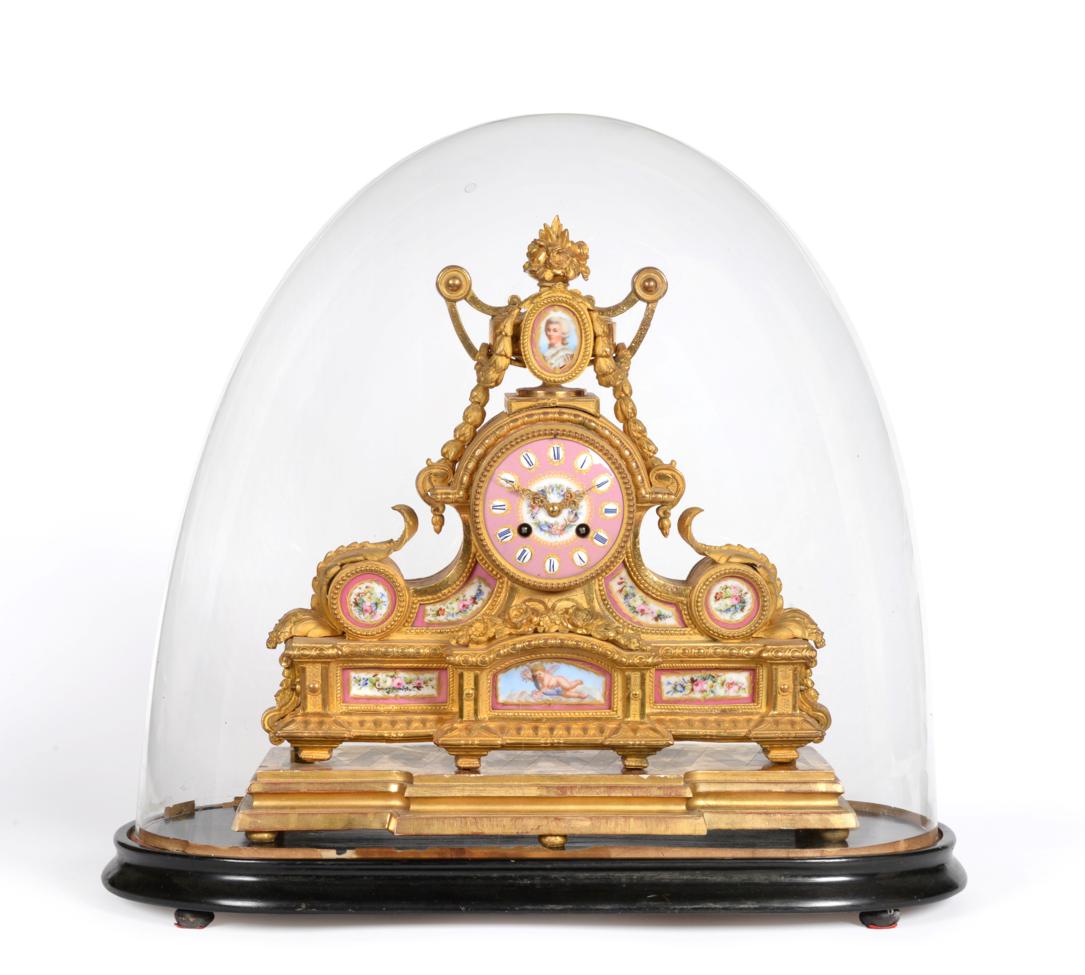 An Ormolu and Porcelain Mounted Striking Mantel Clock, circa 1880, urn finial, figural, floral and