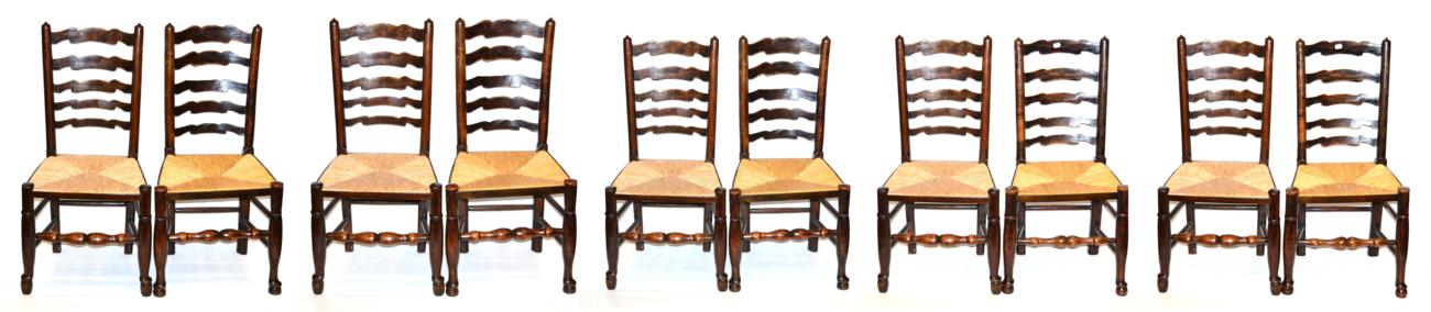 A Harlequin Set of Ten Ash and Elm Rush Seated Chairs, 19th century, with five horizontal ladder