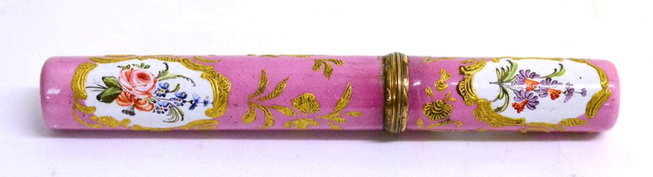 A Staffordshire Enamel Bodkin Case, circa 1770, painted with flowersprays in gilt cartouche on a