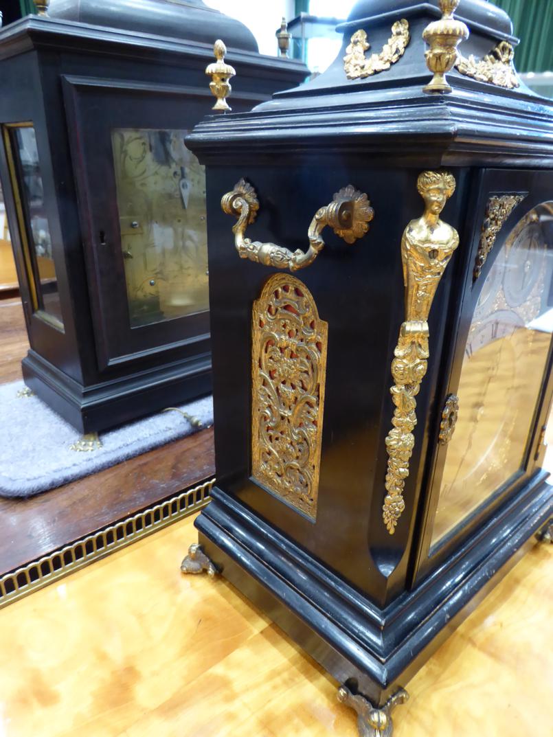 An Ebonised Chiming Table Clock, circa 1890, inverted bell top with urn finials, side carrying - Image 4 of 8