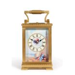 A Brass Porcelain Mounted Striking and Repeating Carriage Clock, stamped R&C for Richard & Co, circa