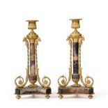 A Pair of George III Ormolu Mounted Blue John Candlesticks, in the manner of Matthew Boulton,