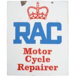 An RAC Motor Cycle Repairer Enamel Double-Sided Advertising Sign, with two drill holes, 63cm by 52cm