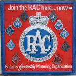 A Vintage Wooden Red and Blue Painted RAC Single-Sided Advertising Board ''Join The RAC Here ...