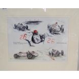 After Phil May Action studies Mercedes W125 at the Rheims Grand Prix 1938 Signed by the artist in