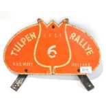 An Orange Enamel Advertising Sign 'TULPEN RALLYE 1951 RAC West Holland', with metal mounting