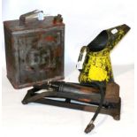 A Vintage Dunlop Major Foot Pump, a yellow enamel oil can and red BP fuel can (3) Buyer's premium of