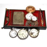A collection of pocket watches and a silver Albert and medallions