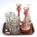 Group of 19th century glass including table lustres, pair of gilt highlighted pink vases