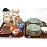 Group of Oriental items including Chinese celadon plates, carved sandal wood card cases,