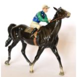 Beswick Racehorse and Jockey (Walking Racehorse), model No. 1037, horse charcoal gloss, with blue