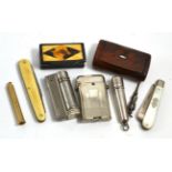 A 9ct gold cigar piercer together with two lighters, two snuff boxes, silver cheroot holder, two