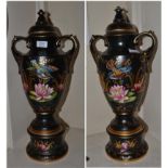 A pair of Aesthetic movement twin-handled vases and covers, in the Japanese taste, hand coloured and