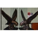 A pair of patinated metal eagle models on naturalistic bases